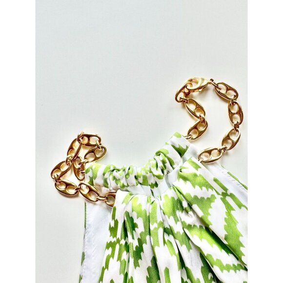 MILLY White Green Geometric Print Silk Twill Chain Halter Sheath Dress, Size 2 - Picture 9 of 14